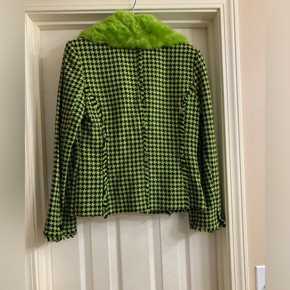 Metrostyle Size 4 Green/Black Houndstooth Fur Trim Career Blazer - Picture 2 of 2